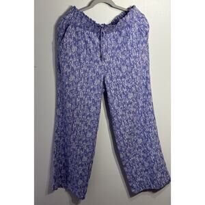 Land ‘n Sea Pants Purple/White Patterned Wide Leg Pull On Linen Blend Medium